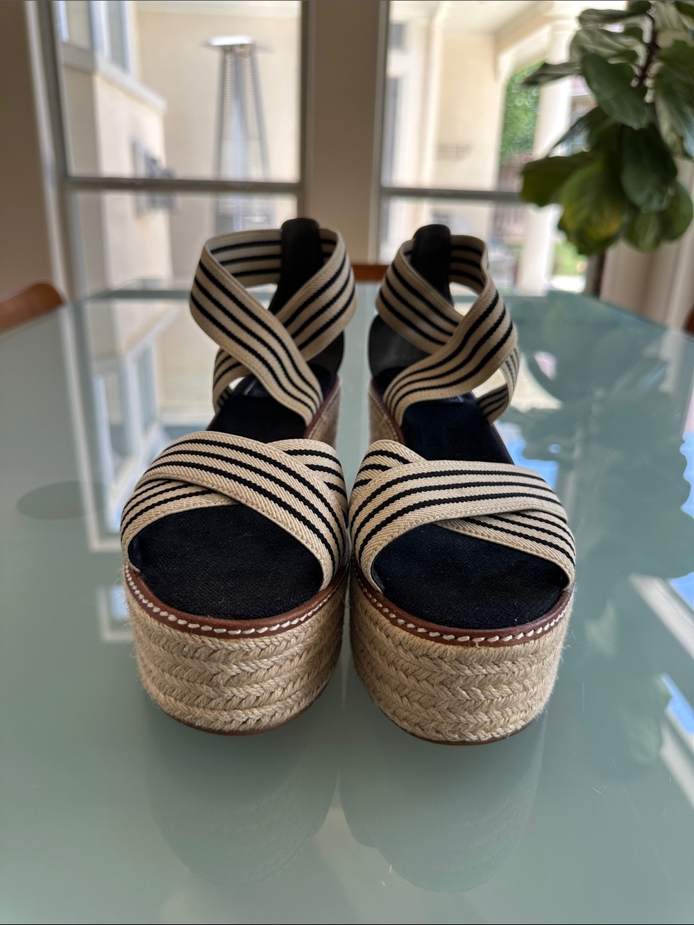 Tory Burch Black & Cream Striped Espadrille Raffia Platform Sandals Size 9